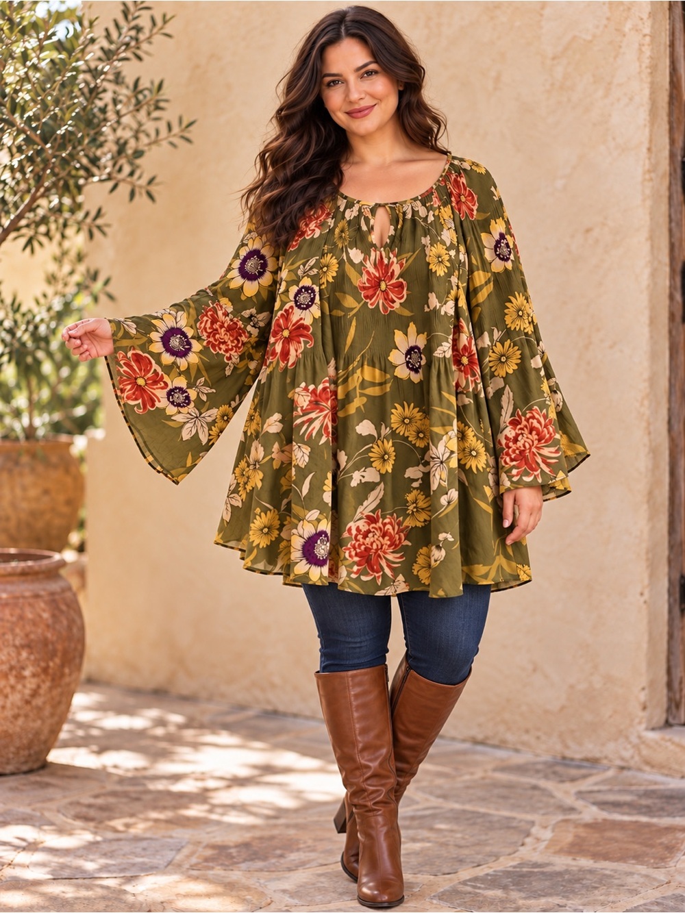 XL Olive Green Floral Smocked Boho Blouse Bell Sleeves Womens